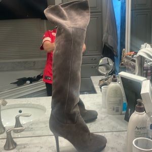 Almost brand new gray all leather 8 1/2 over the knee BCBGmaxaxria boots